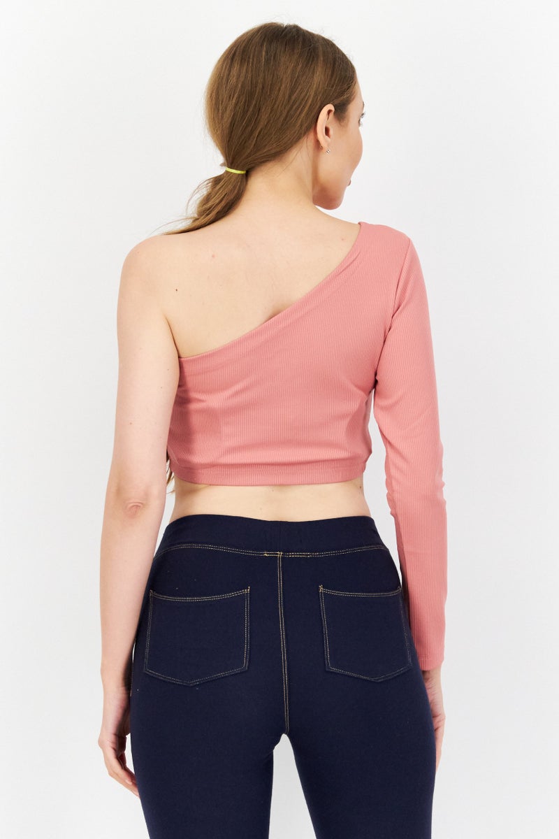 Ryder Act Women Asymmetrical Neck One Sleeve Embroidered Crop Top, Pink - Image 3