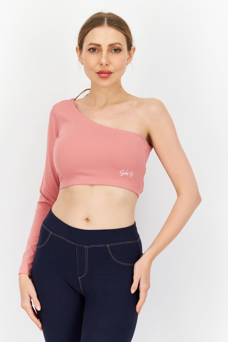 Ryder Act Women Asymmetrical Neck One Sleeve Embroidered Crop Top, Pink - Image 1