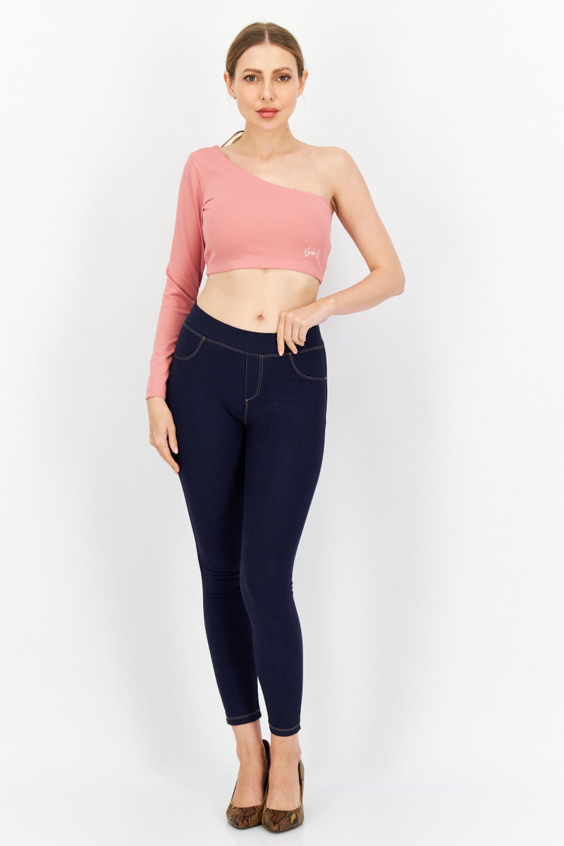 Ryder Act Women Asymmetrical Neck One Sleeve Embroidered Crop Top, Pink - Image 2