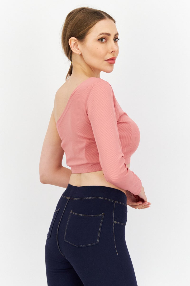 Ryder Act Women Asymmetrical Neck One Sleeve Embroidered Crop Top, Pink - Image 4
