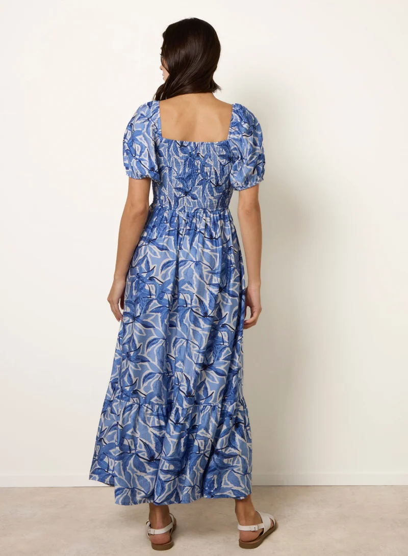 Blue Vanilla Large Floral Printed Square Neck Puff Sleeve Dress