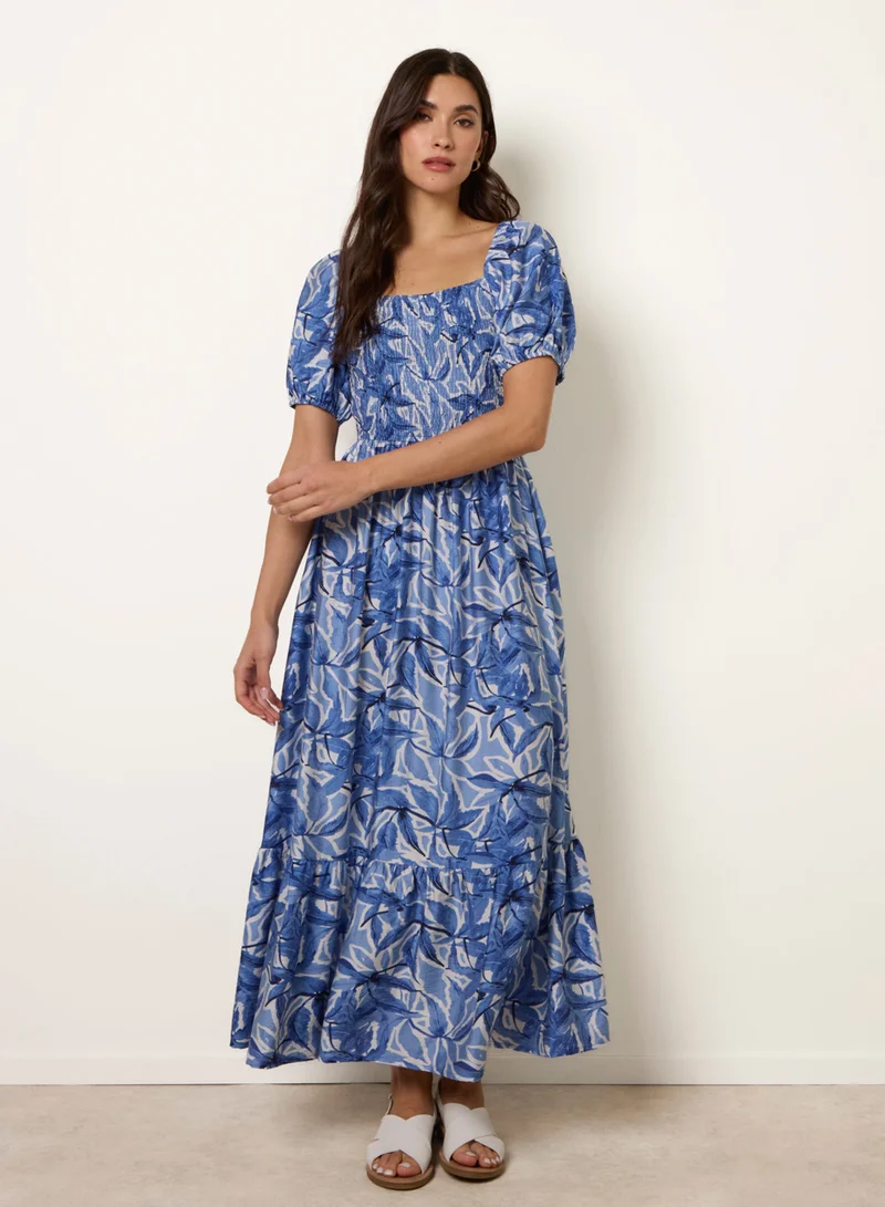 Blue Vanilla Large Floral Printed Square Neck Puff Sleeve Dress