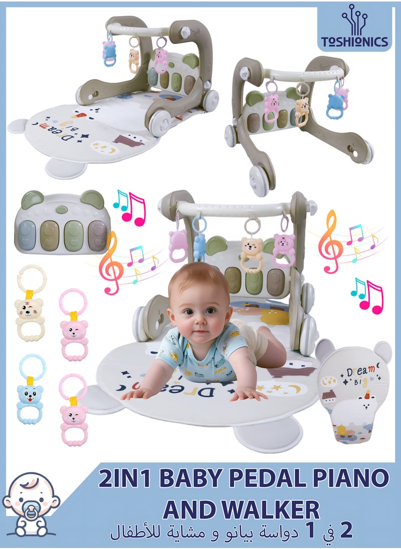 Toshionics 2 in 1 Sit and Stand Baby Fitness Walker with Musical Pedal Piano Keyboard Removable Hanging Rustle Toys Baby Infant Kids Small Children Feeding Crawling Play Mat Piano Toy Fitness Device Baby Kick and Play Mat Gym and Fitness Rack Musical Baby Toy for 3, 4, 5, 6, 7, 8, 9, 10, 11, and 12 Months Ages  - Image 1