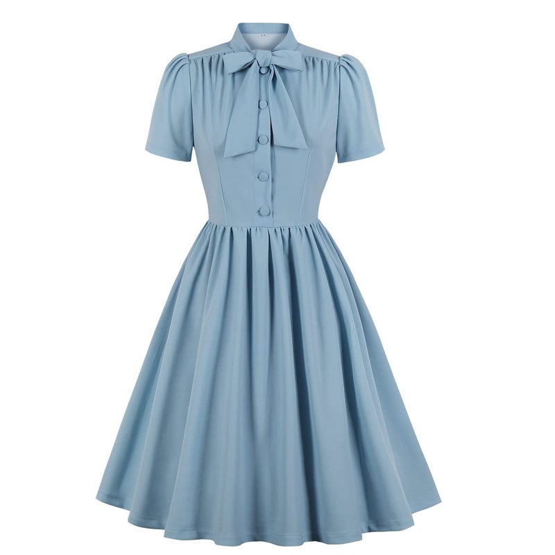 IKADEX Vintage Women 1940s Bow Tie Neck Dress Retro 40s 50s Button Up Business Work A-line Cocktail Dresses Light Blue M - Image 1