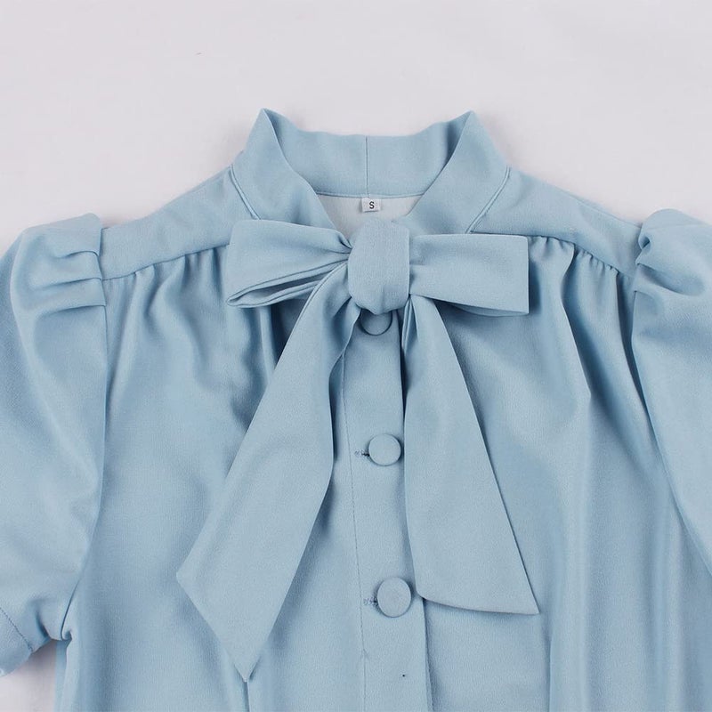 IKADEX Vintage Women 1940s Bow Tie Neck Dress Retro 40s 50s Button Up Business Work A-line Cocktail Dresses Light Blue M - Image 3