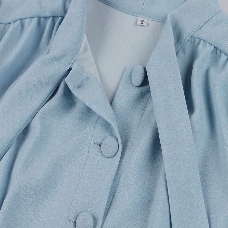IKADEX Vintage Women 1940s Bow Tie Neck Dress Retro 40s 50s Button Up Business Work A-line Cocktail Dresses Light Blue M - Image 4
