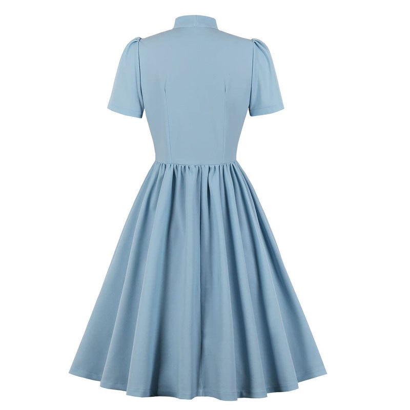 IKADEX Vintage Women 1940s Bow Tie Neck Dress Retro 40s 50s Button Up Business Work A-line Cocktail Dresses Light Blue M - Image 2