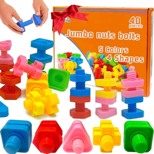 RAINBOW TOYFROG Jumbo Nuts and Bolts for Toddlers - 40 Pcs Screw Toys for Toddlers 1-3 - Occupational Therapy Toy with Storage Tote and Book - Shape Sorter Fine Motor Toy - Manipulatives for Preschoolers - Image 1