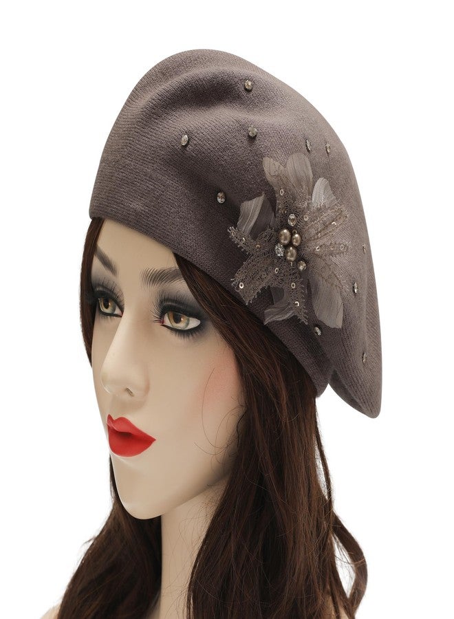 ZLYC Womens French Beret hat, Reversible Solid Color Cashmere Mosaic Warm Beret Cap for Girls, Bead Flower Brownish, One Size - Image 2