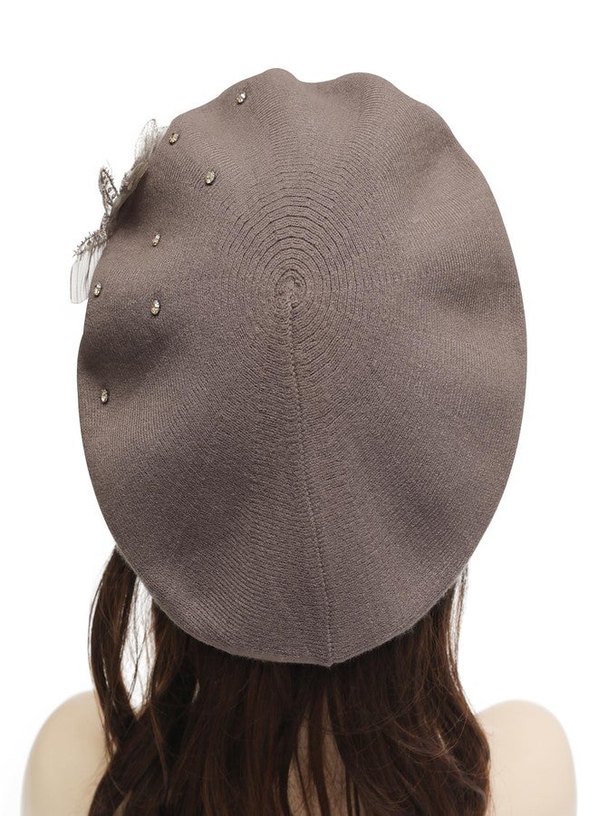 ZLYC Womens French Beret hat, Reversible Solid Color Cashmere Mosaic Warm Beret Cap for Girls, Bead Flower Brownish, One Size - Image 3