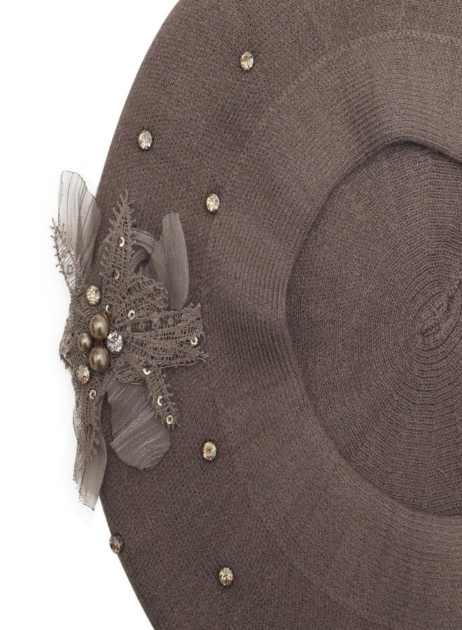 ZLYC Womens French Beret hat, Reversible Solid Color Cashmere Mosaic Warm Beret Cap for Girls, Bead Flower Brownish, One Size - Image 4