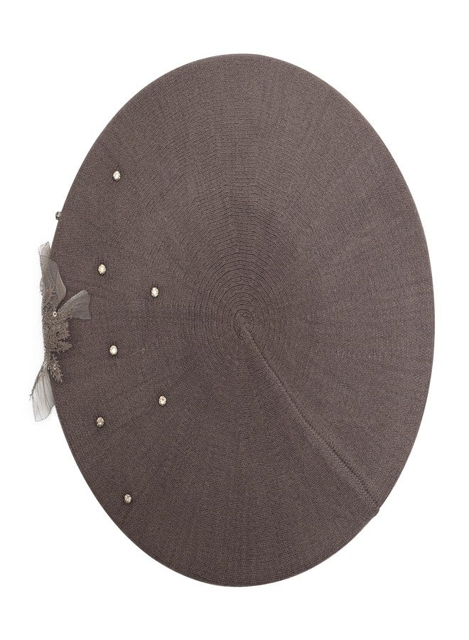 ZLYC Womens French Beret hat, Reversible Solid Color Cashmere Mosaic Warm Beret Cap for Girls, Bead Flower Brownish, One Size - Image 5