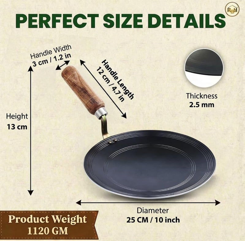 RBY Food Grade Iron Tawa 10 Inch 25.4 cm Pre-Seasoned Heavy Duty Flat Pan for Roti Chapati and Paratha Heavy Base Gas and Induction Compatible Made for Daily Cooking - Image 2