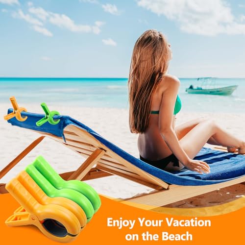 Dreecy 8 Pcs Beach Towel Clips for Beach Chairs, Towel Holder for Beach Chair Pool Chair on Cruise, Jumbo Size Heavy Duty Clothes Pins, Beach Chair Clips to Keep Your Towel from Blowing Away (Green, Orange) - Image 2
