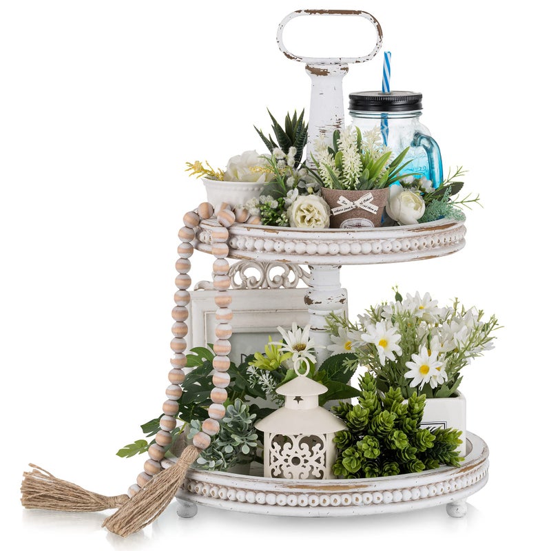 Hanobe Two Tiered Tray Stand Farmhouse 2 Tier Easter Decorative Trays White Round Serving Wood for Home Decor Living Room Coffee Table Centerpieces Kitchen Gift