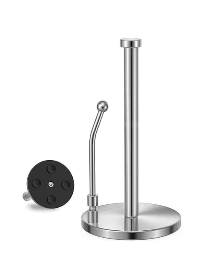 Durku Paper Towel Holder, Paper Towel Dispenser Standing Weighted Base Non Slip, Spring Arm for Easy Tear, Stainless Steel Paper Towel Holder for Home Kitchen Countertop Tabletop (Silver) - Image 1