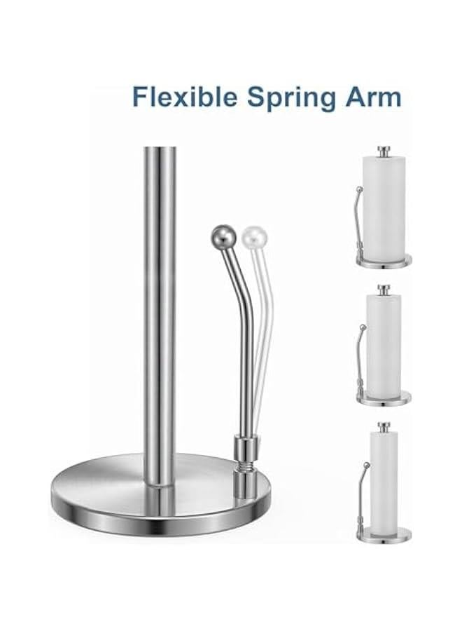 Durku Paper Towel Holder, Paper Towel Dispenser Standing Weighted Base Non Slip, Spring Arm for Easy Tear, Stainless Steel Paper Towel Holder for Home Kitchen Countertop Tabletop (Silver) - Image 3