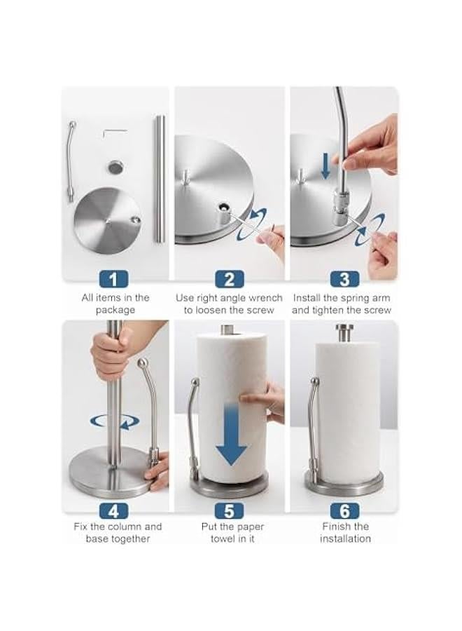 Durku Paper Towel Holder, Paper Towel Dispenser Standing Weighted Base Non Slip, Spring Arm for Easy Tear, Stainless Steel Paper Towel Holder for Home Kitchen Countertop Tabletop (Silver) - Image 4