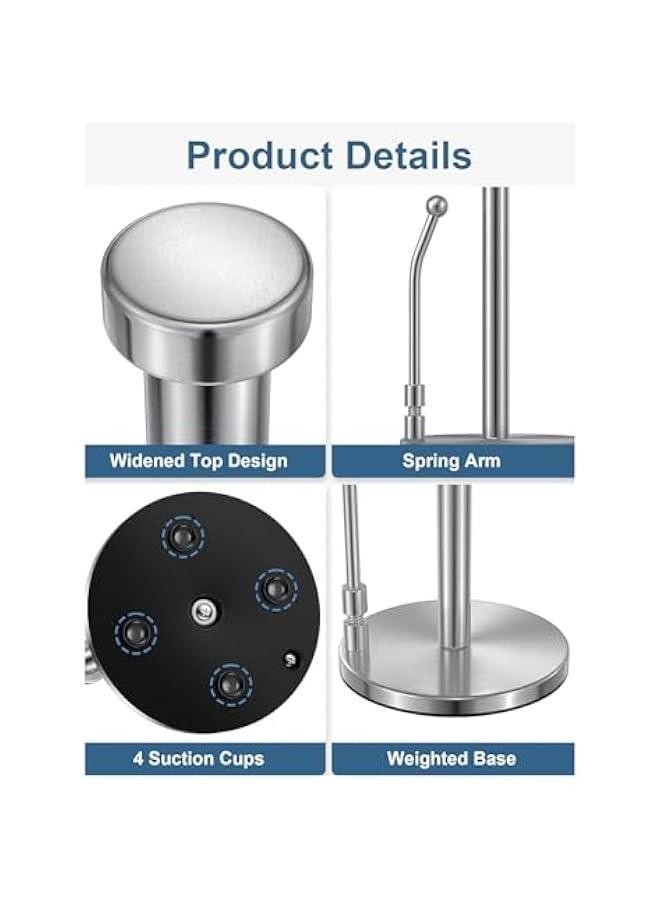 Durku Paper Towel Holder, Paper Towel Dispenser Standing Weighted Base Non Slip, Spring Arm for Easy Tear, Stainless Steel Paper Towel Holder for Home Kitchen Countertop Tabletop (Silver) - Image 5