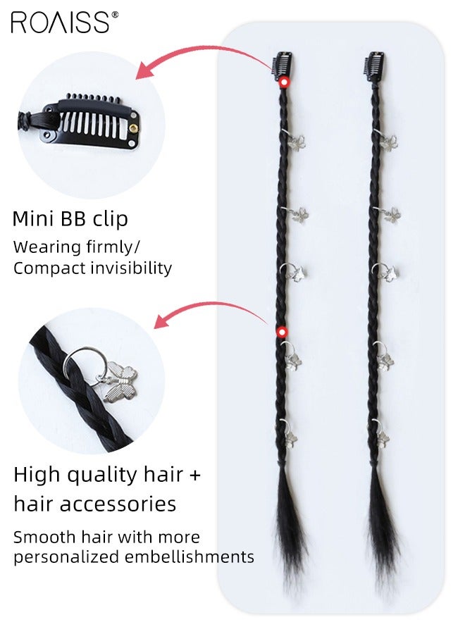 رويس 4 قطع من باروكة مضفرة ومشابك شعر ذيل حصان طويل مضفر مع لؤلؤ وأحجار الراين، قطع شعر صناعية ناعمة طبيعية للفتيات والنساء للارتداء اليومي في الحفلات، لون أسود - Image 4