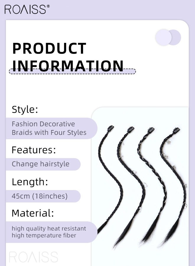 رويس 4 قطع من باروكة مضفرة ومشابك شعر ذيل حصان طويل مضفر مع لؤلؤ وأحجار الراين، قطع شعر صناعية ناعمة طبيعية للفتيات والنساء للارتداء اليومي في الحفلات، لون أسود - Image 3