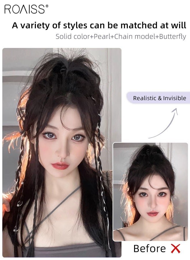 رويس 4 قطع من باروكة مضفرة ومشابك شعر ذيل حصان طويل مضفر مع لؤلؤ وأحجار الراين، قطع شعر صناعية ناعمة طبيعية للفتيات والنساء للارتداء اليومي في الحفلات، لون أسود - Image 2