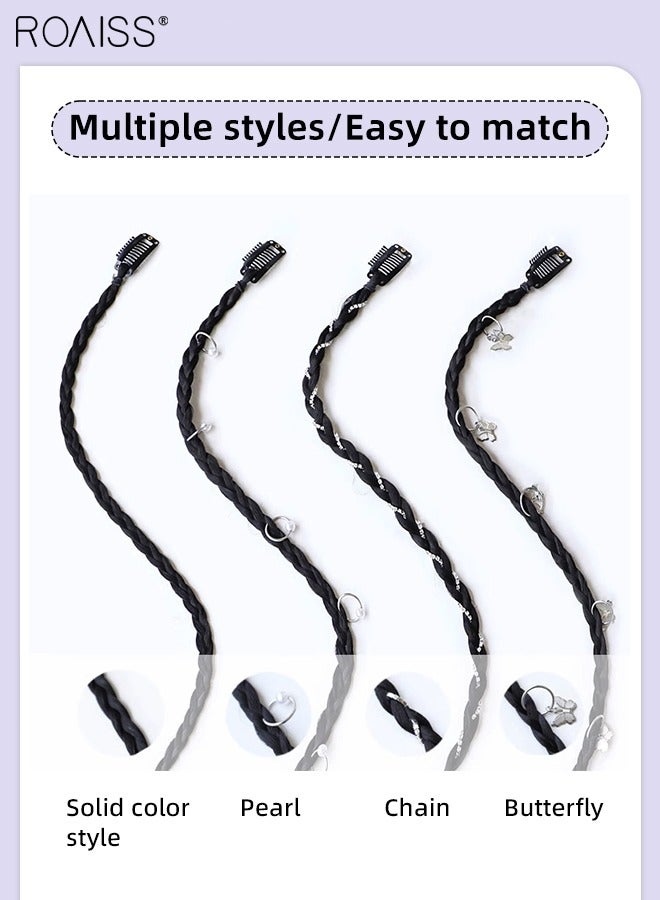 رويس 4 قطع من باروكة مضفرة ومشابك شعر ذيل حصان طويل مضفر مع لؤلؤ وأحجار الراين، قطع شعر صناعية ناعمة طبيعية للفتيات والنساء للارتداء اليومي في الحفلات، لون أسود - Image 5