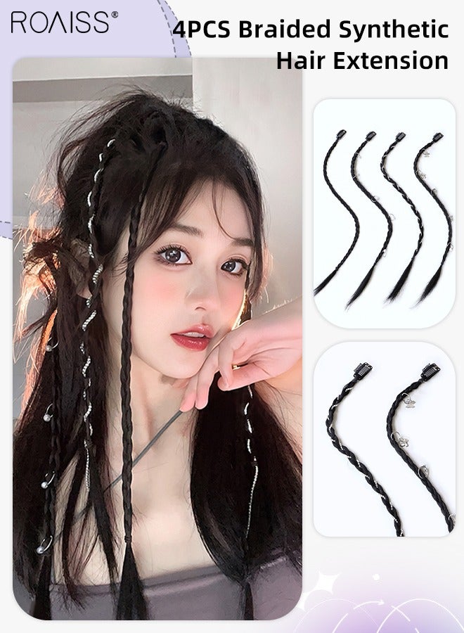 رويس 4 قطع من باروكة مضفرة ومشابك شعر ذيل حصان طويل مضفر مع لؤلؤ وأحجار الراين، قطع شعر صناعية ناعمة طبيعية للفتيات والنساء للارتداء اليومي في الحفلات، لون أسود - Image 1