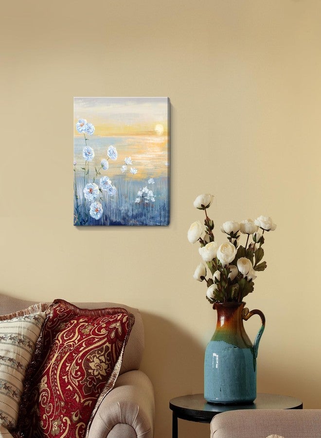 Nicetop Bathroom Decor Wall Art Blue Ocean Sunset Seascape Painting Seaside Wildflowers Picture Abstract Coastal Canvas Print Natural Scenery Sunrise With Yellow Sky Landscape Framed Artwork 14x14inch - Image 5