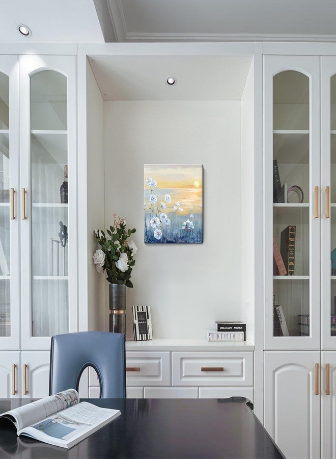 Nicetop Bathroom Decor Wall Art Blue Ocean Sunset Seascape Painting Seaside Wildflowers Picture Abstract Coastal Canvas Print Natural Scenery Sunrise With Yellow Sky Landscape Framed Artwork 14x14inch - Image 4