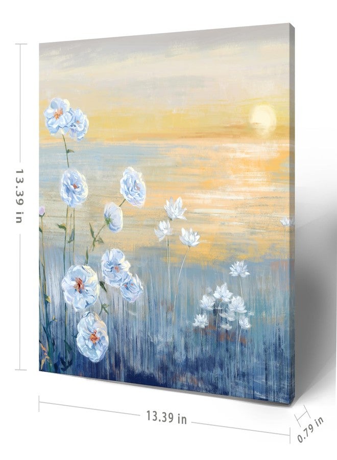 Nicetop Bathroom Decor Wall Art Blue Ocean Sunset Seascape Painting Seaside Wildflowers Picture Abstract Coastal Canvas Print Natural Scenery Sunrise With Yellow Sky Landscape Framed Artwork 14x14inch - Image 2