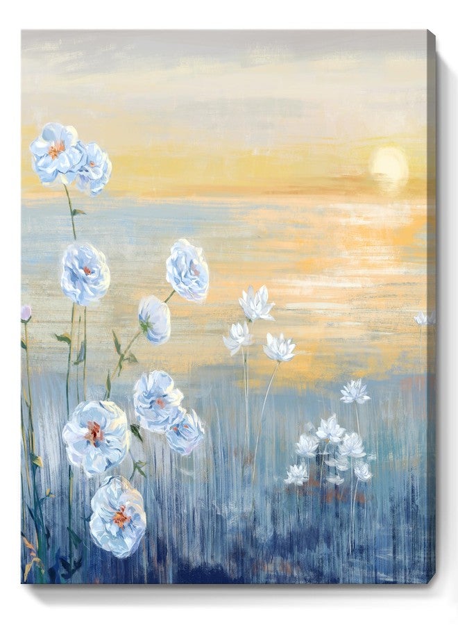 Nicetop Bathroom Decor Wall Art Blue Ocean Sunset Seascape Painting Seaside Wildflowers Picture Abstract Coastal Canvas Print Natural Scenery Sunrise With Yellow Sky Landscape Framed Artwork 14x14inch - Image 1