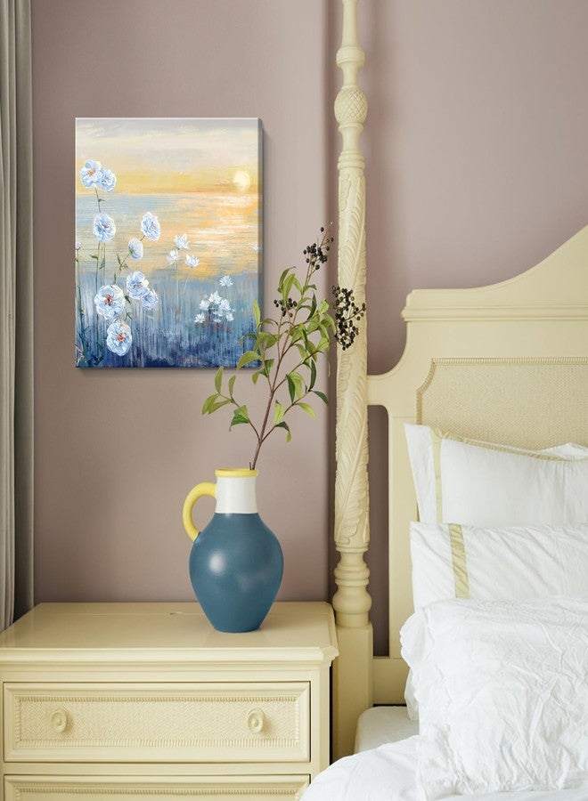 Nicetop Bathroom Decor Wall Art Blue Ocean Sunset Seascape Painting Seaside Wildflowers Picture Abstract Coastal Canvas Print Natural Scenery Sunrise With Yellow Sky Landscape Framed Artwork 14x14inch - Image 3