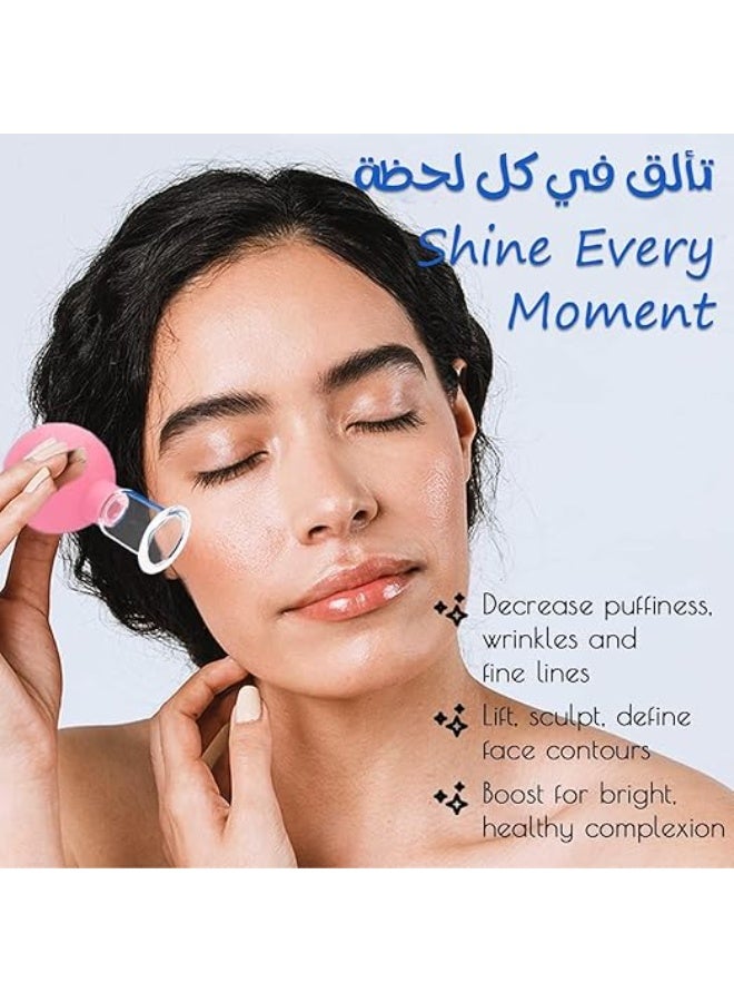 مجموعة الحجامة الزجاجية للوجه والجسم 4 قطع – طقم شفط فراغي بالسيليكون – علاج مكافحة السيلوليت والتجاعيد – نضارة فورية لبشرة العينين والوجه والجسم – لون وردي. - Image 4