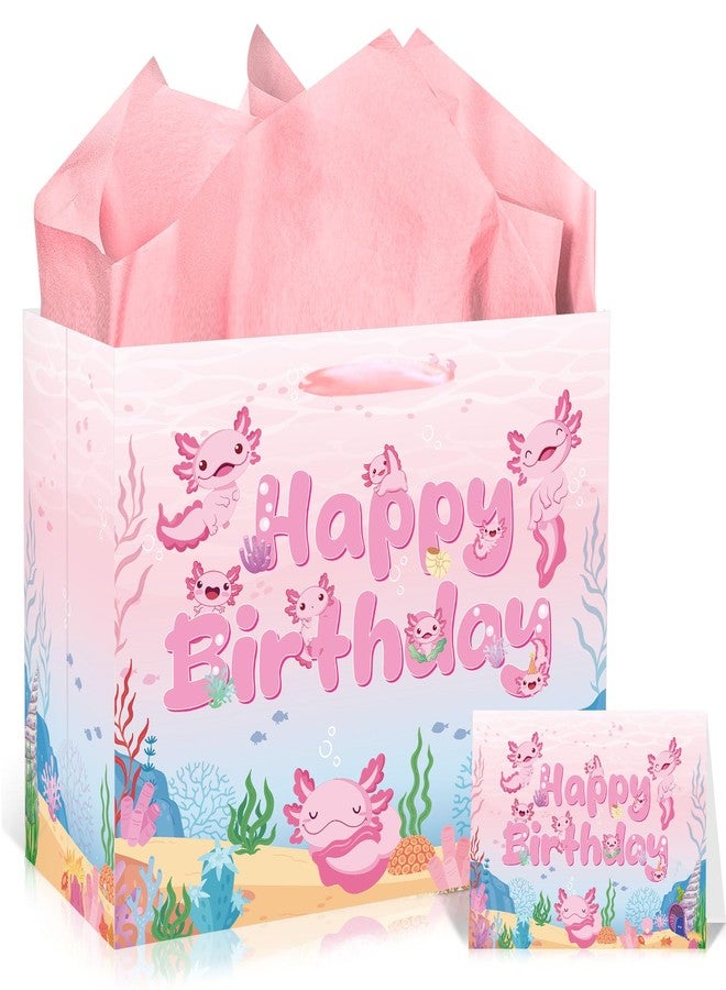 EoBeCy Pink Axolotl Birthday Gift Bag with Tissue Paper and Greeting Card, Cute Animals Wrapping Paper for Girls Boys Kids Birthday Decorations Party Supplies - Image 1
