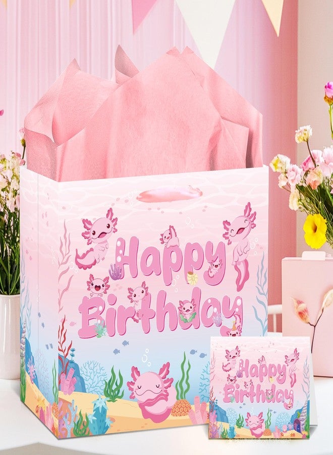 EoBeCy Pink Axolotl Birthday Gift Bag with Tissue Paper and Greeting Card, Cute Animals Wrapping Paper for Girls Boys Kids Birthday Decorations Party Supplies - Image 2