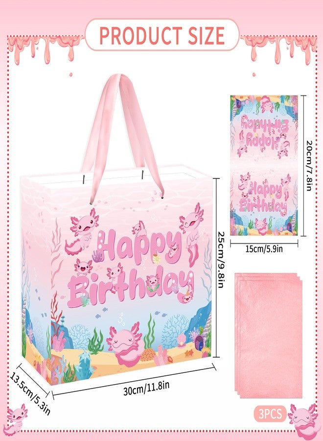 EoBeCy Pink Axolotl Birthday Gift Bag with Tissue Paper and Greeting Card, Cute Animals Wrapping Paper for Girls Boys Kids Birthday Decorations Party Supplies - Image 3