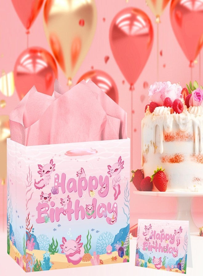 EoBeCy Pink Axolotl Birthday Gift Bag with Tissue Paper and Greeting Card, Cute Animals Wrapping Paper for Girls Boys Kids Birthday Decorations Party Supplies - Image 5