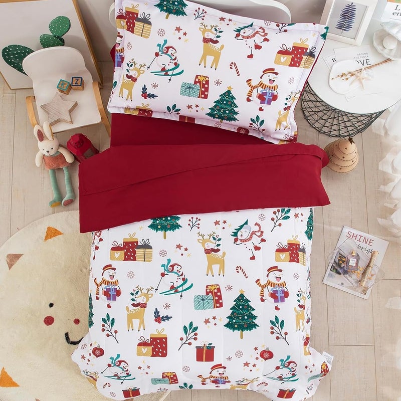 WONGS BEDDING Christmas Comforter Set - 4 Piece Toddler Bedding Set with Snowman, Elk, and Christmas Tree Pattern - Image 3
