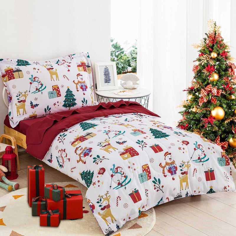 WONGS BEDDING Christmas Comforter Set - 4 Piece Toddler Bedding Set with Snowman, Elk, and Christmas Tree Pattern - Image 2