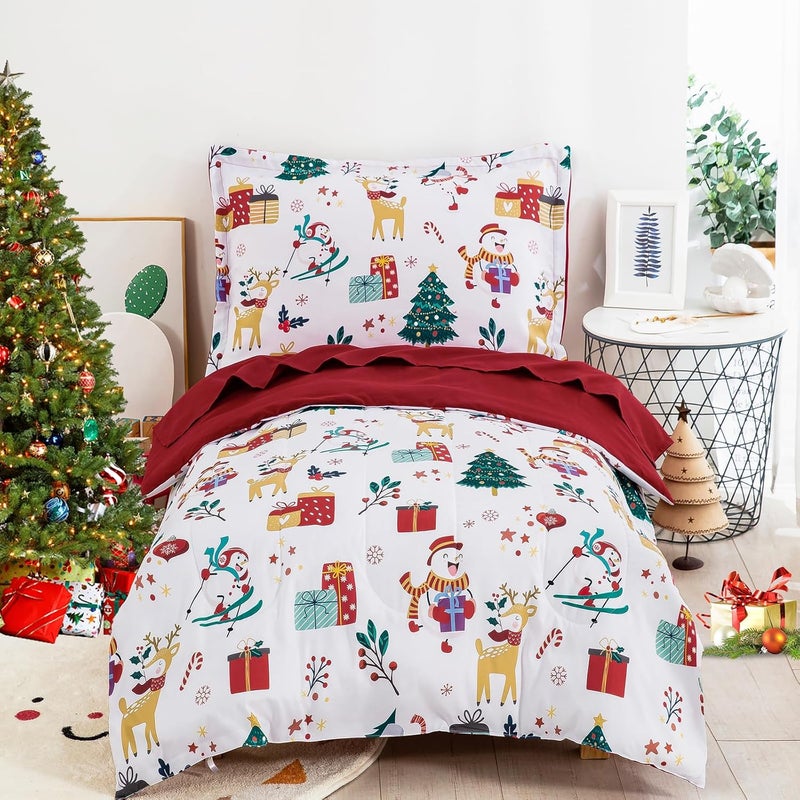 WONGS BEDDING Christmas Comforter Set - 4 Piece Toddler Bedding Set with Snowman, Elk, and Christmas Tree Pattern - Image 1