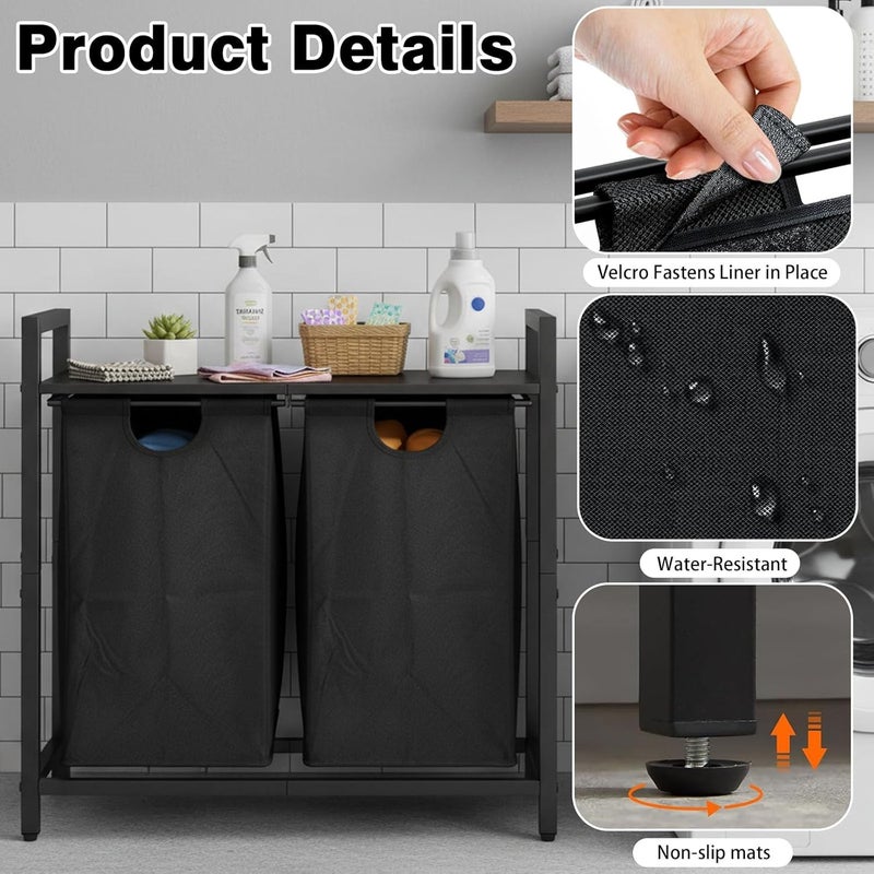 LEEWAS Laundry Basket Clothes Hamper,45L,2 Sections Clothe Sorter Bin,Foldable Waterproof Organizer Bag with Large Top Shelf,Aluminum Frame,for Bathroom Washroom Bedroom,Black - Image 4