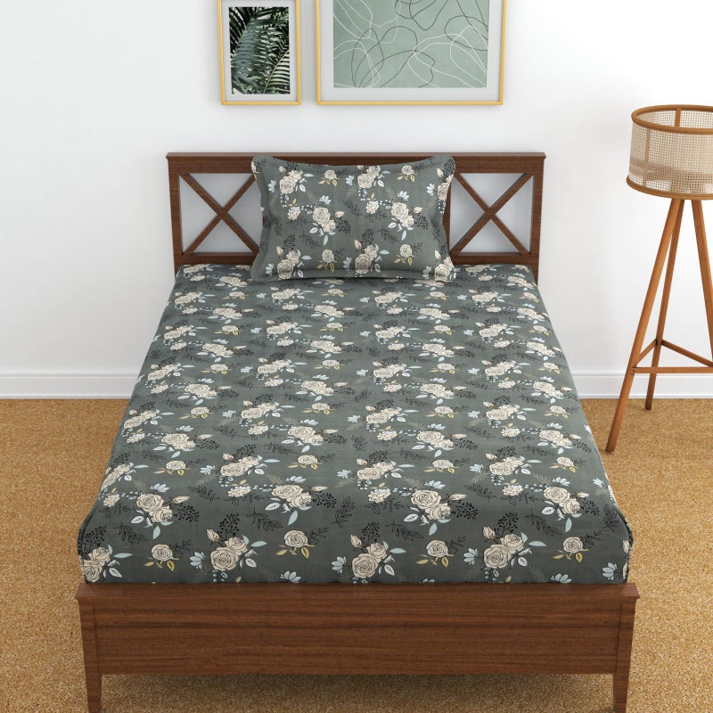 KAWI Single Floral Bedsheet Elastic Fitted Glace Cotton With 1 Pillow Cover(72"X 48"Xup To 8 Inche Mattress)-Dark Graycolour,Small Single, 200 TC - Image 5