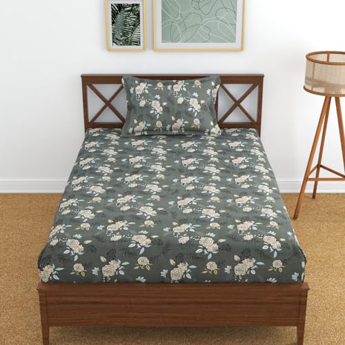 KAWI Single Floral Bedsheet Elastic Fitted Glace Cotton With 1 Pillow Cover(72"X 48"Xup To 8 Inche Mattress)-Dark Graycolour,Small Single, 200 TC - Image 1