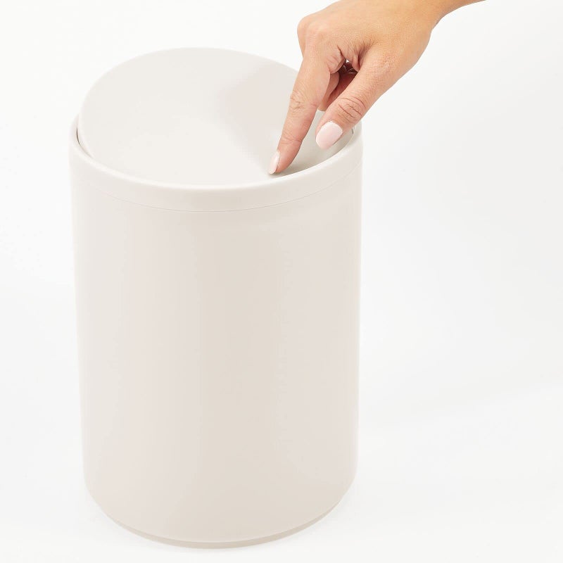 mDesign Plastic Small Slim Round 1.7 Gallon/6.5 Liter Trash Can with Removable Swing Lid - Wastebasket, Garbage Container Basket Bin for Master/Guest Bathroom - Holds Rubbish/Recycle - Cream/Beige - Image 3