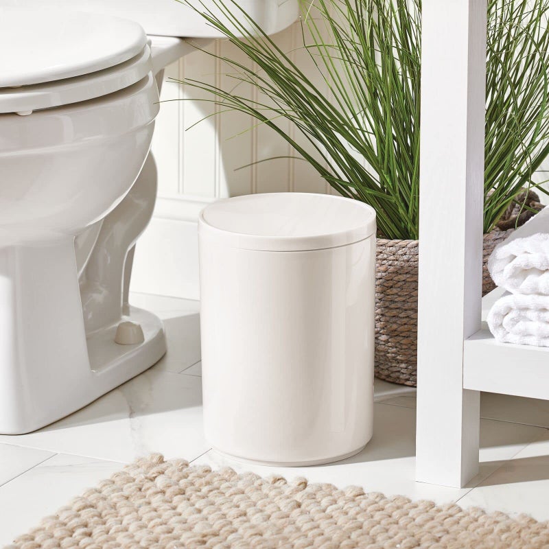mDesign Plastic Small Slim Round 1.7 Gallon/6.5 Liter Trash Can with Removable Swing Lid - Wastebasket, Garbage Container Basket Bin for Master/Guest Bathroom - Holds Rubbish/Recycle - Cream/Beige - Image 2