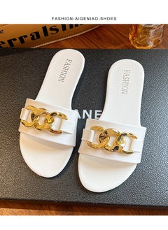 Womens Casual Summer 2023 Flat Foot Slippers With Metal Buckle One-Row Beach Sandals Nylon Lining Rubber Sole Adults White