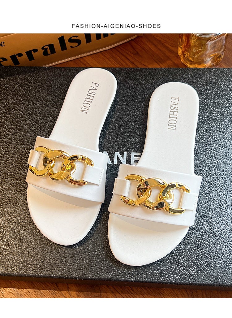 Generic - Womens Casual Summer 2023 Flat Foot Slippers With Metal Buckle One-Row Beach Sandals Nylon Lining Rubber Sole Adults White - Image 1