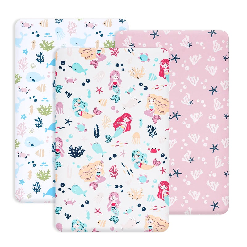 PHF 3 Pack Soft Mini Crib Sheets, Mermaid Silky Pack N Play Sheets for Baby Boys Girls, Universal Fit for Pack N Play, Playard, Portable and Mini Crib Mattresses, Mermaid - Image 1