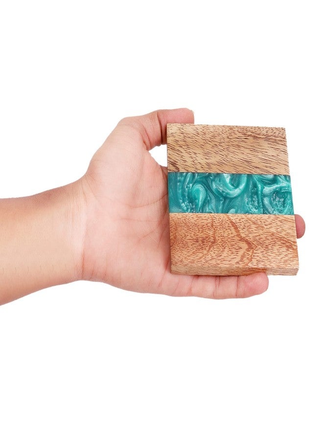 hlc Wooden Coasters Set, Bone Inlay Coaster, Authentic Designer Home Decor Set (4 pc Set, with Holder) (Sea Green) - Image 4